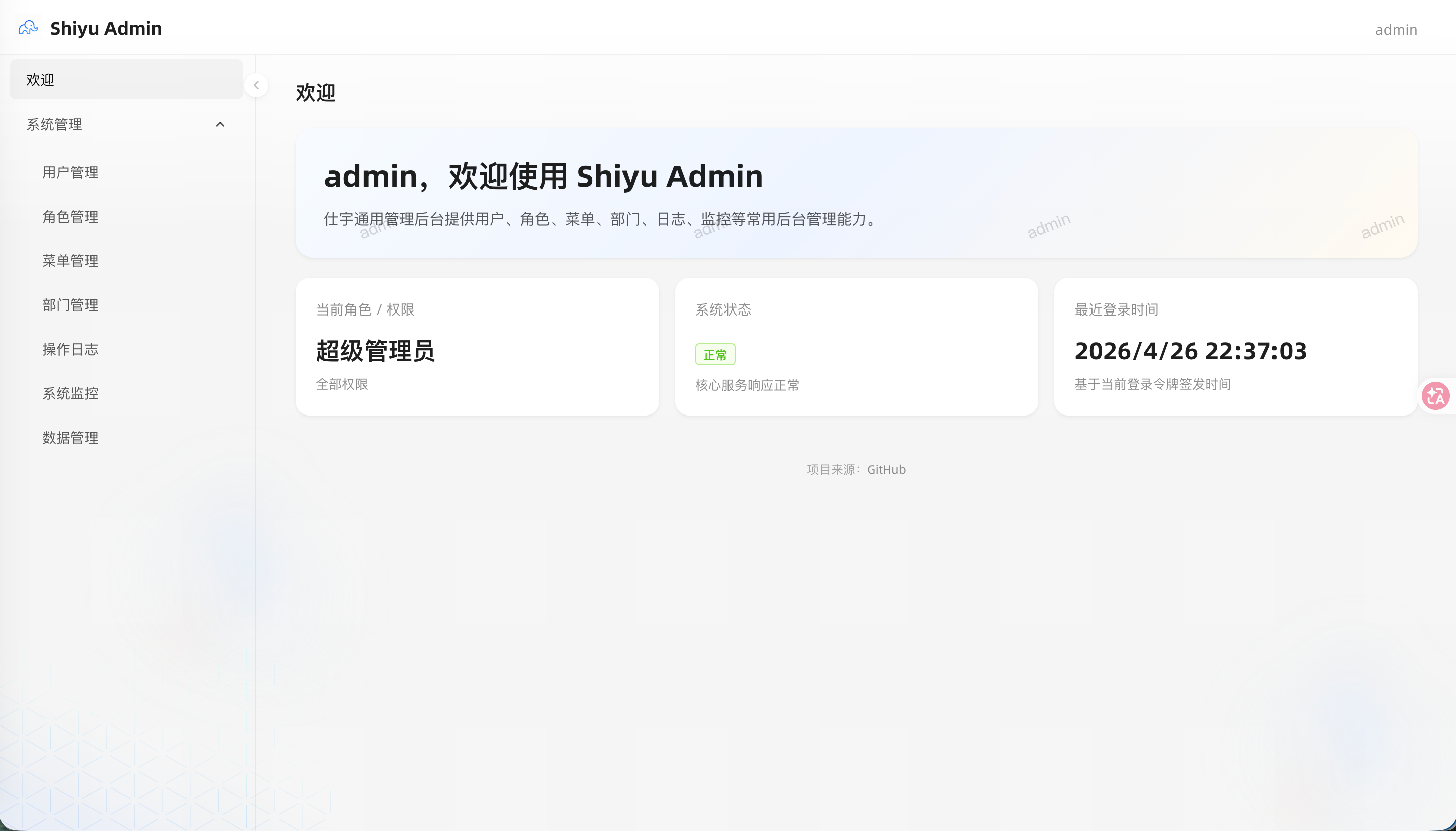 快速开始 | Shiyu Admin